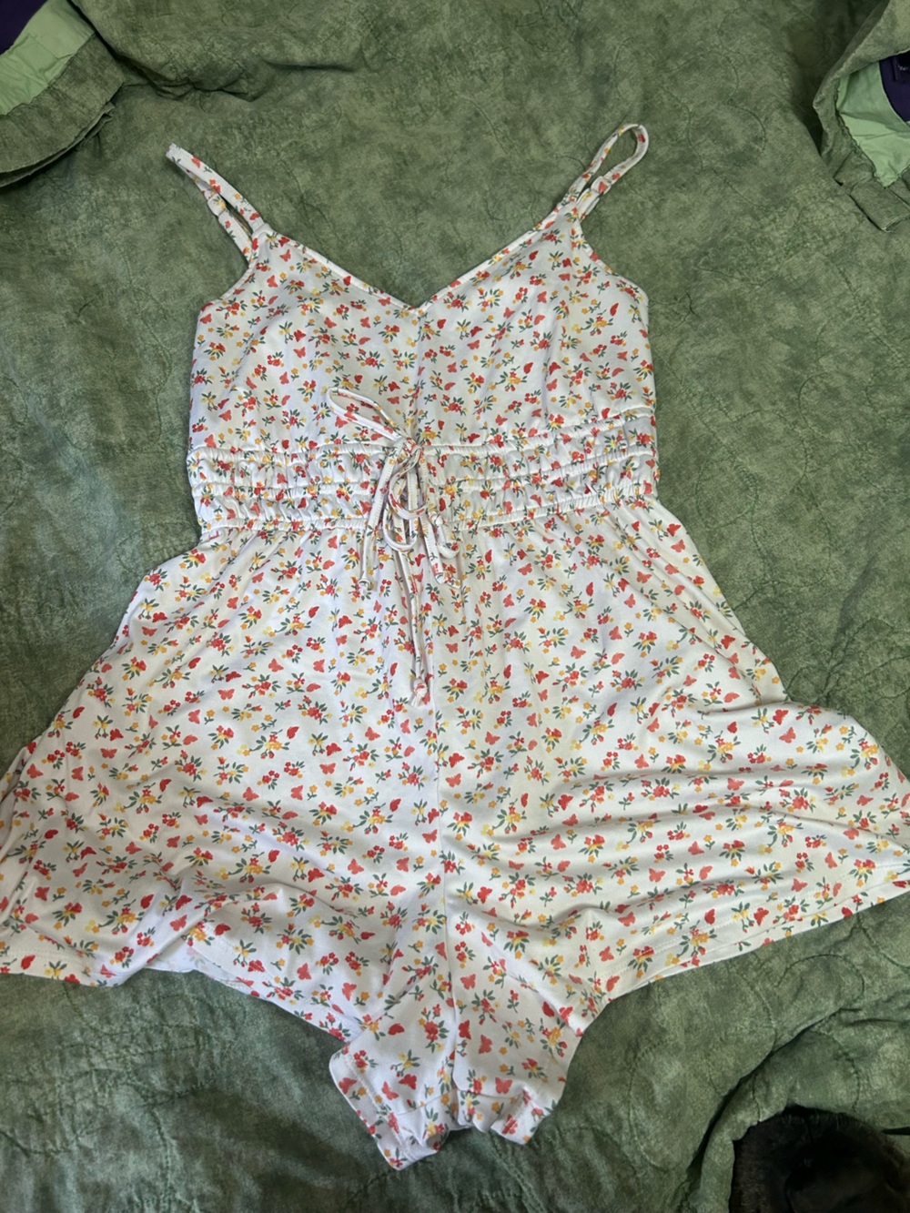 Hollister White Floral Bustier Romper with Red & Yellow Prints